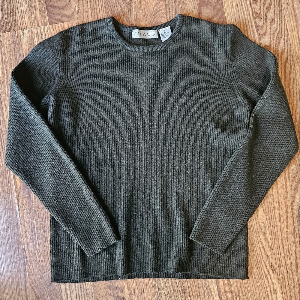 VTG Chaus 100% Wool Womens Sweater Large Army Green Long Sleeve Knit Relaxed